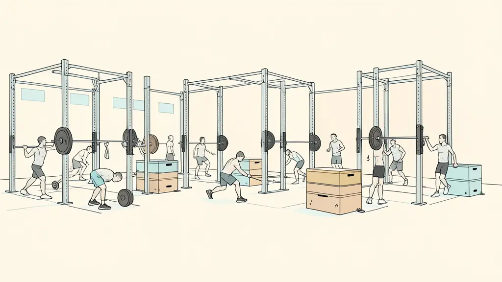 A wide shot of a high-tech training facility featuring heavy lifting racks, plyometric boxes, and athletes undergoing biomechanical movement analysis.