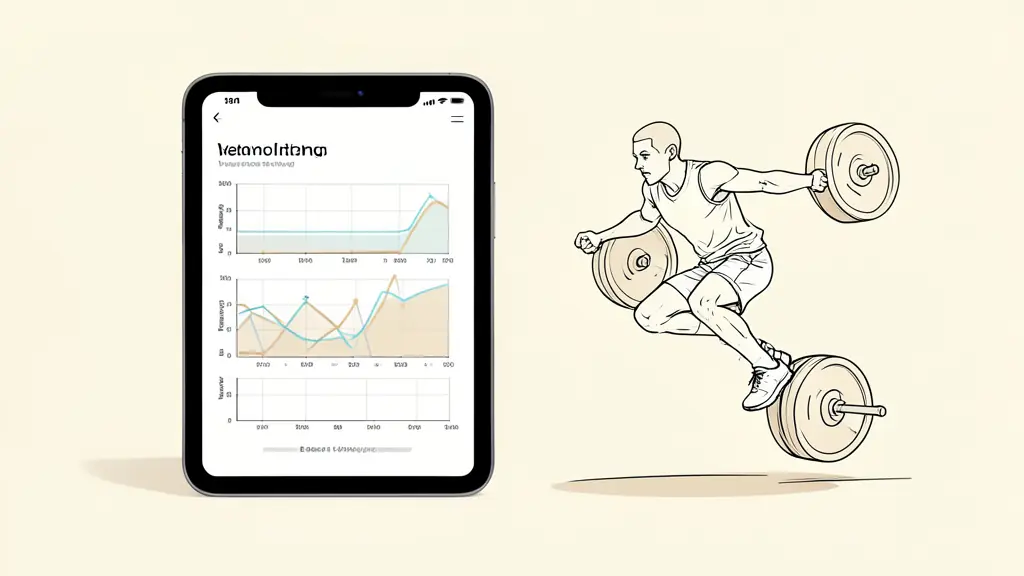 Close-up of a digital tablet displaying real-time velocity-based training graphs next to an athlete performing a weighted explosive jump.