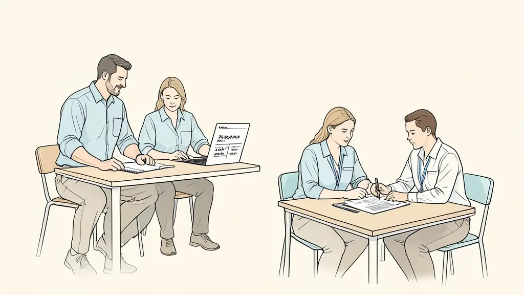 Team operations staff coordinating a travel schedule while an athlete representative reviews a contract at an adjacent table