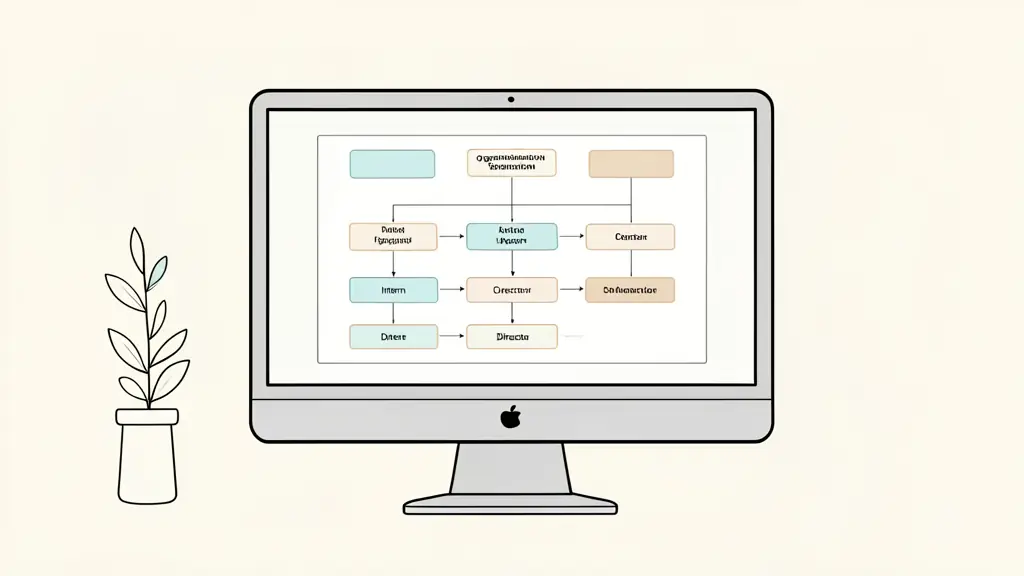 A clean, modern office environment with a digital screen displaying a corporate organizational chart, focusing on the hierarchy from intern to director level.