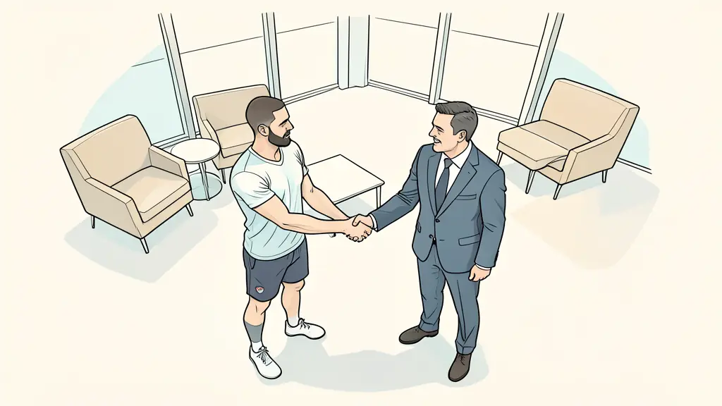 A high-angle shot of a professional athlete's agent and a team executive shaking hands in a modern sports complex lounge, emphasizing a strategic partnership.