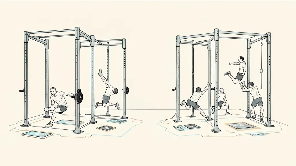 A wide editorial shot of a high-tech strength and conditioning area featuring professional power racks, biometric tracking sensors on the floor, and athletes performing explosive movements.