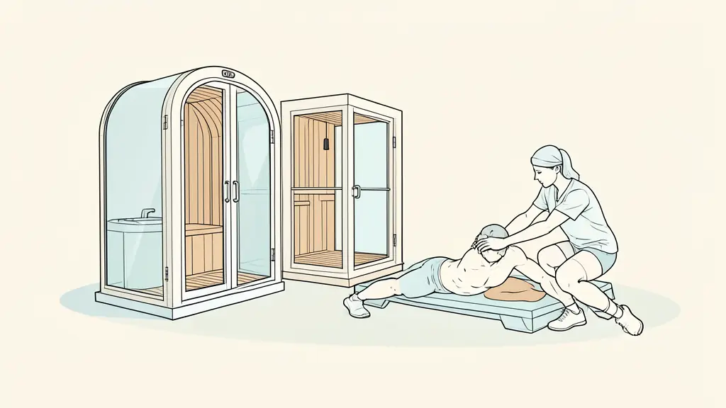 A serene, modern wellness suite with a cryotherapy chamber, infrared sauna, and a professional therapist performing assisted mobility work on an athlete.