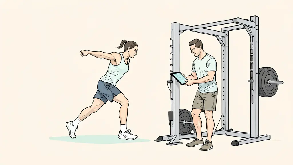 Editorial photograph of an athlete completing a movement assessment while a strength coach records results on a tablet beside a loaded training station, no text, no logo