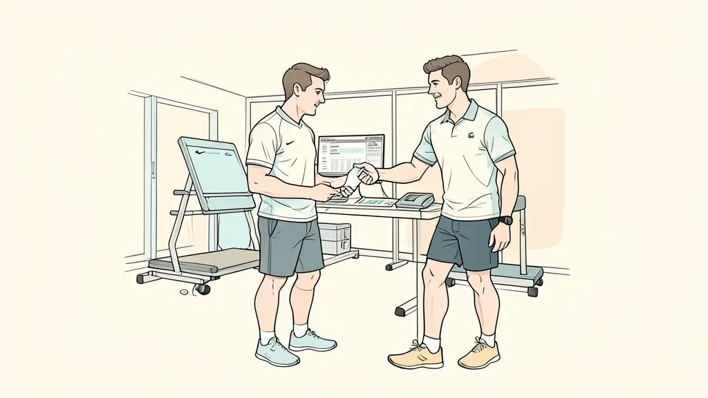 Editorial photograph of a coach reviewing readiness data with an athlete after a strength session, recovery area visible in the background, no text, no logo