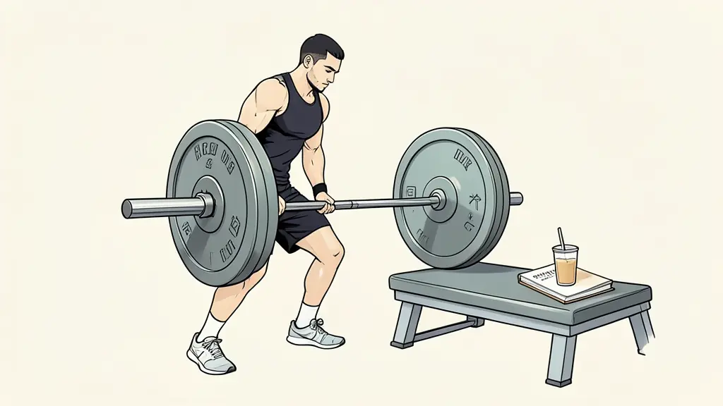 A high-performance athlete in a dark gym, focusing on a heavy lift while a nutrition shake and a mental performance journal sit on a nearby bench, cinematic lighting