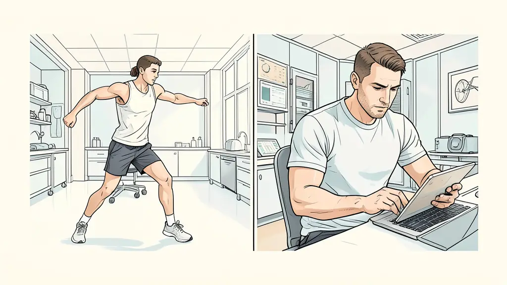 A split-screen composition showing a young athlete learning basic form in a bright facility versus a seasoned pro analyzing data on a tablet in a high-tech recovery suite