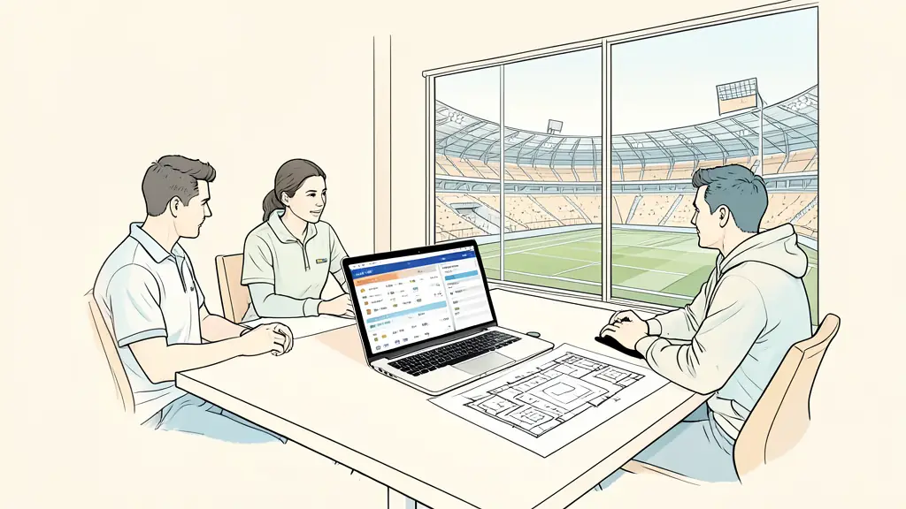 Editorial photograph of a sports operations team in a stadium conference room, a ticketing dashboard on a laptop, a venue floor plan on the table, and an empty arena visible through glass, no text, no logos