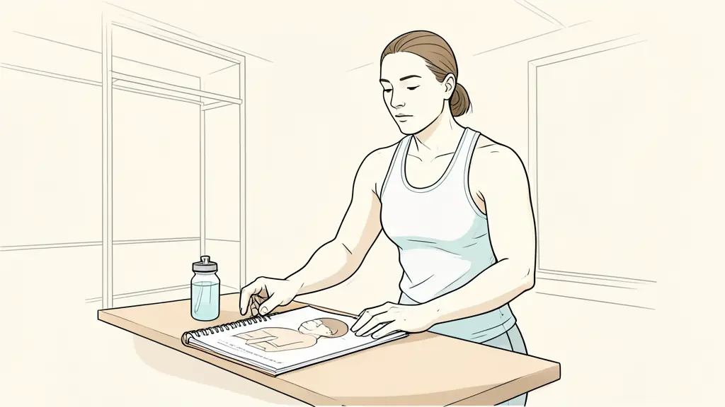 Professional athlete reviewing a recovery plan beside a prepared hydration bottle and sleep journal in a quiet training facility