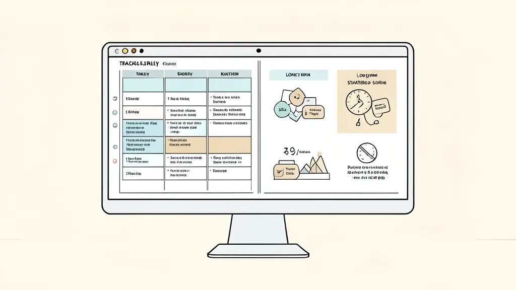A professional workspace with a digital Kanban board showing a split between tactical daily tasks and long-term strategic goals, emphasizing a structured corporate environment.