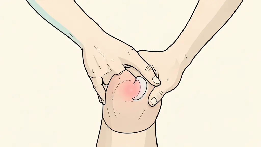 A close-up photograph of an athlete's hand pressing against the anterior part of the knee to identify tenderness around the patella